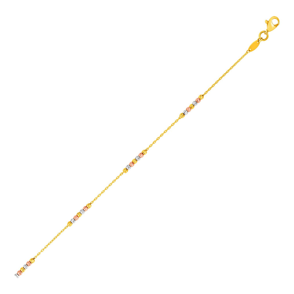 Tri Color Gold 14k Anklet with Textured Beads
