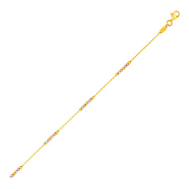 Tri Color Gold 14k Anklet with Textured Beads