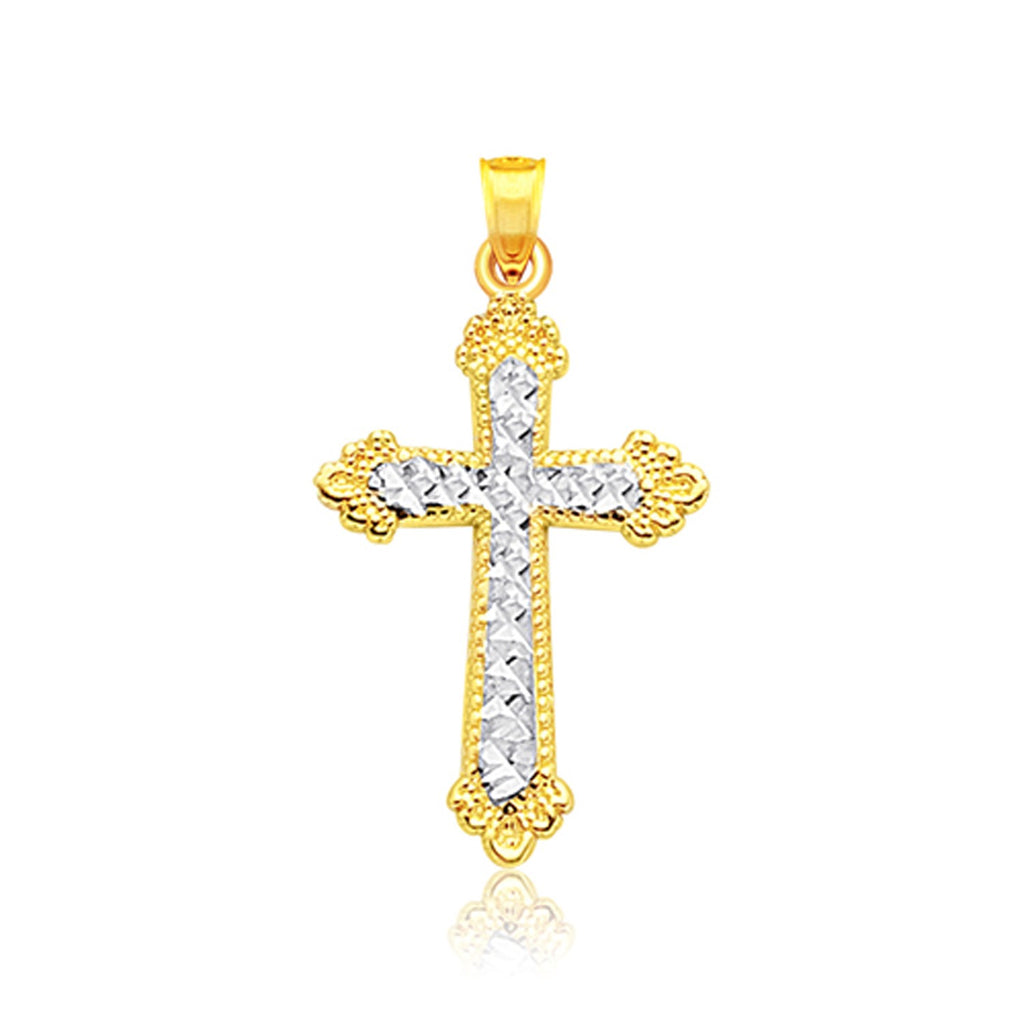 Two Tone Gold 14k Crafted Diamond Cut Cross Pendant