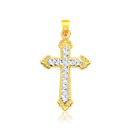 Two Tone Gold 14k Crafted Diamond Cut Cross Pendant