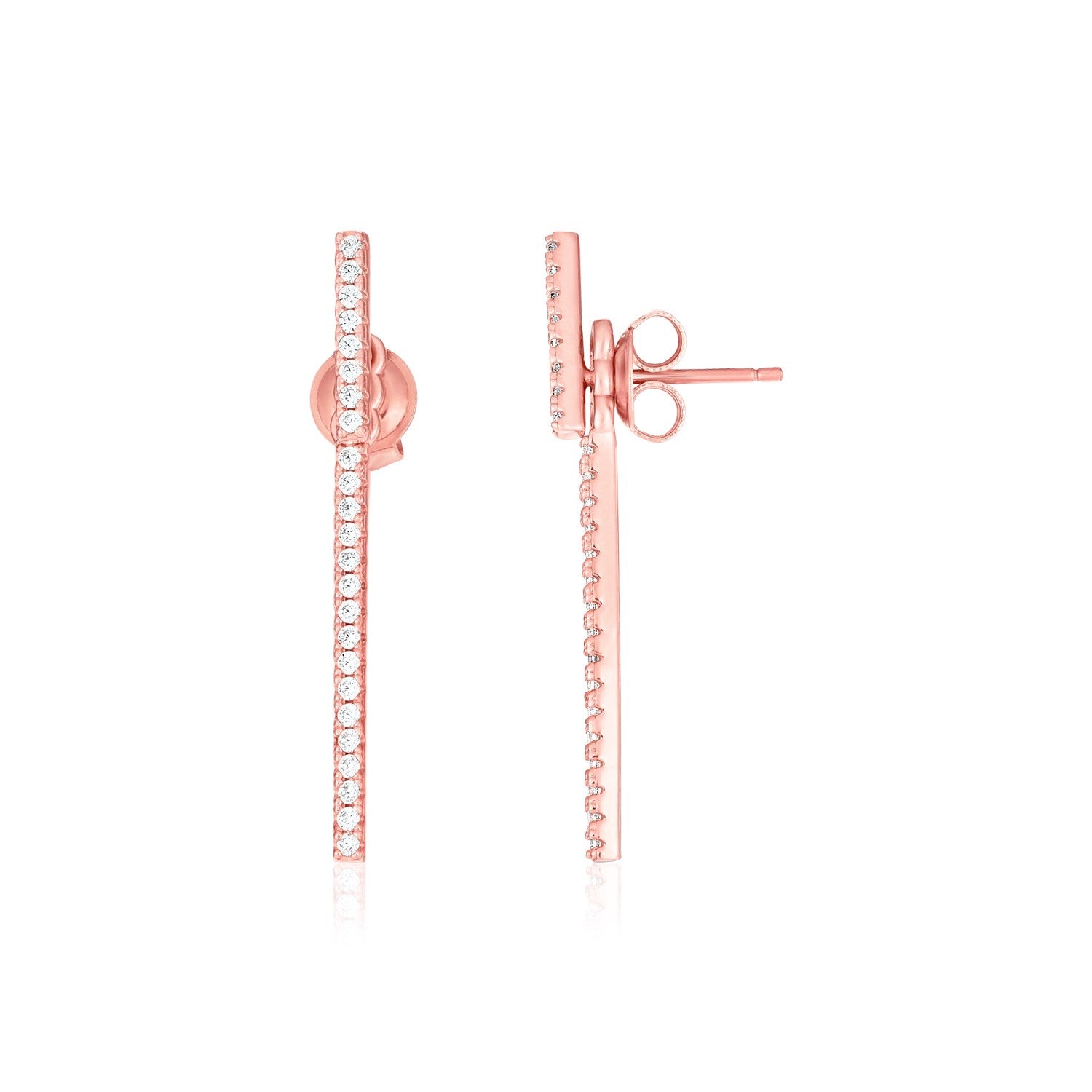 Sterling Silver Rose Finish Bar Fancy Earrings with Cubic Zirconias