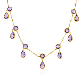 Yellow Gold 14k Women's Fancy Necklace with Round and Pear-Shaped Amethysts