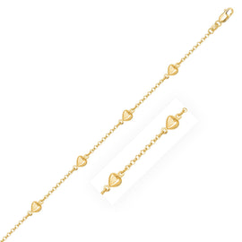 Yellow Gold 14k Rolo Chain Women's Bracelet with Puffed Heart Stations