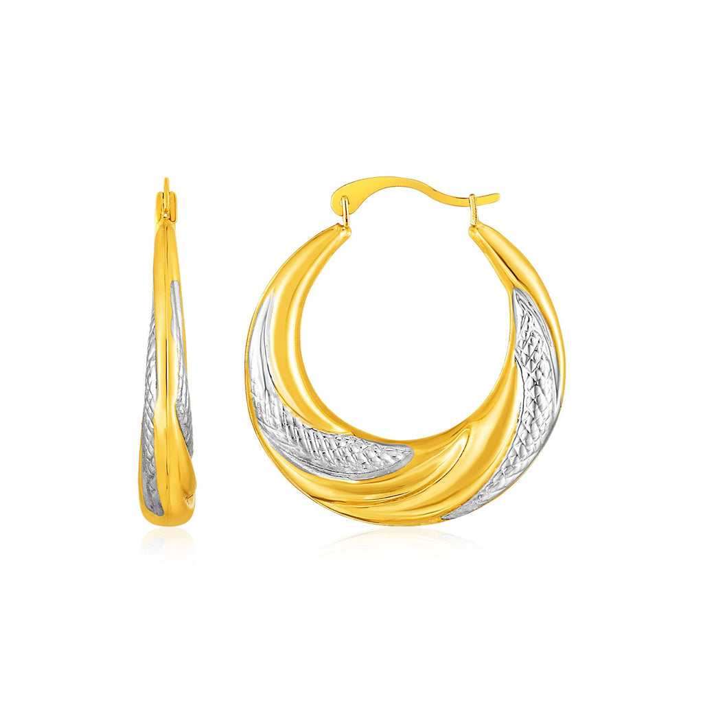 Two Toned Gold 14k Pave Textured Hoop Earrings in Hinged Snap Back
