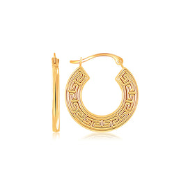 Yellow Gold 14k Greek Key Small Hoop Earrings with Snap Lock for Any Ocassions