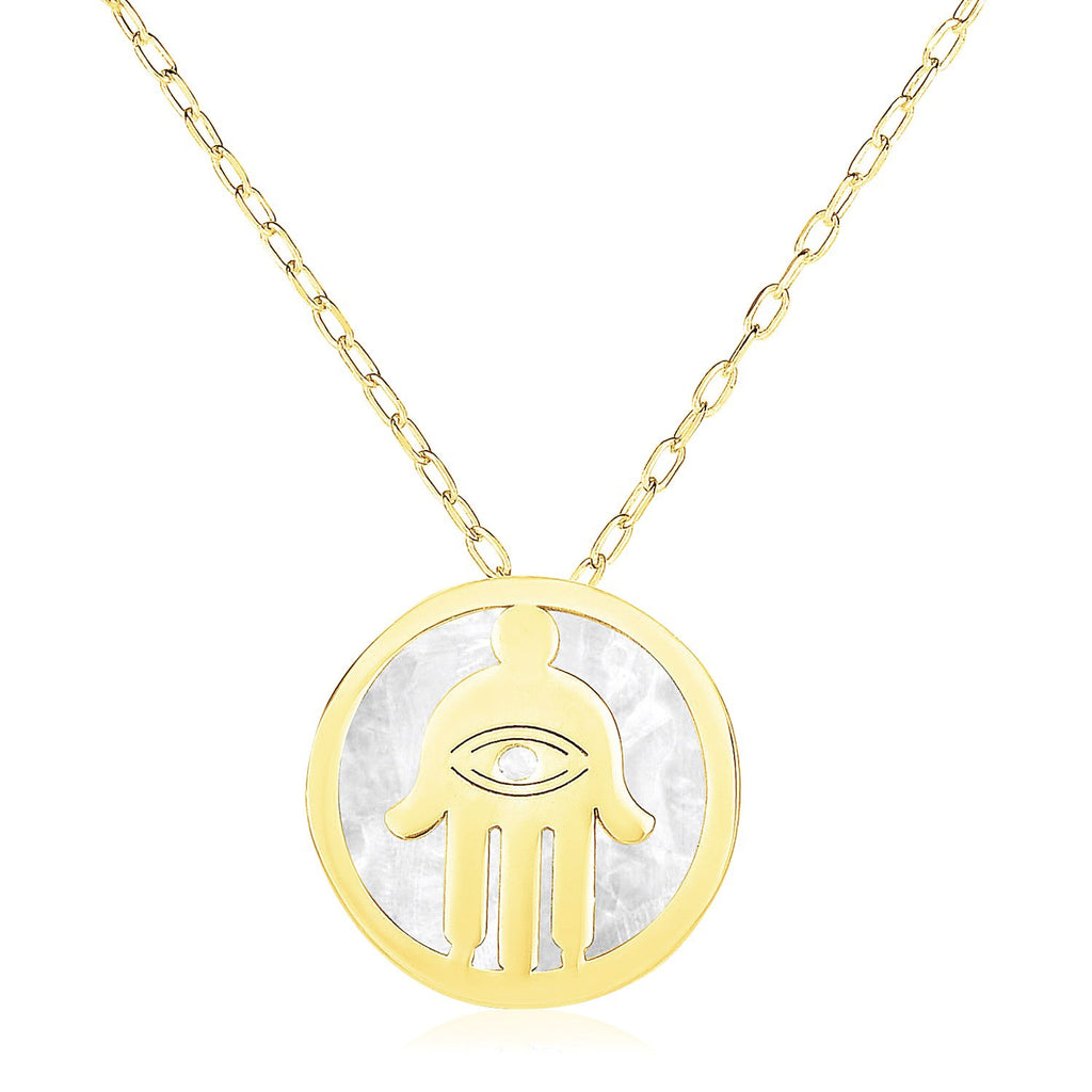 Yellow Gold 14k Women's Pearl Necklace with Hand of Hamsa Symbol