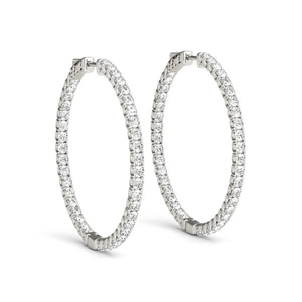 White Gold 14k Diamond Hoop Earrings with Shared Prong Setting & Hinged Snap Back