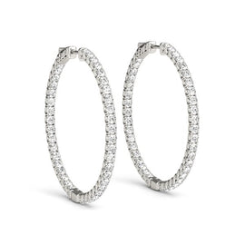 White Gold 14k Diamond Hoop Earrings with Shared Prong Setting & Hinged Snap Back