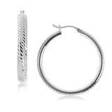 Sterling Silver Rhodium 30mm Plated Marquise Motif Diamond Cut Hoop Earrings with Snap Lock
