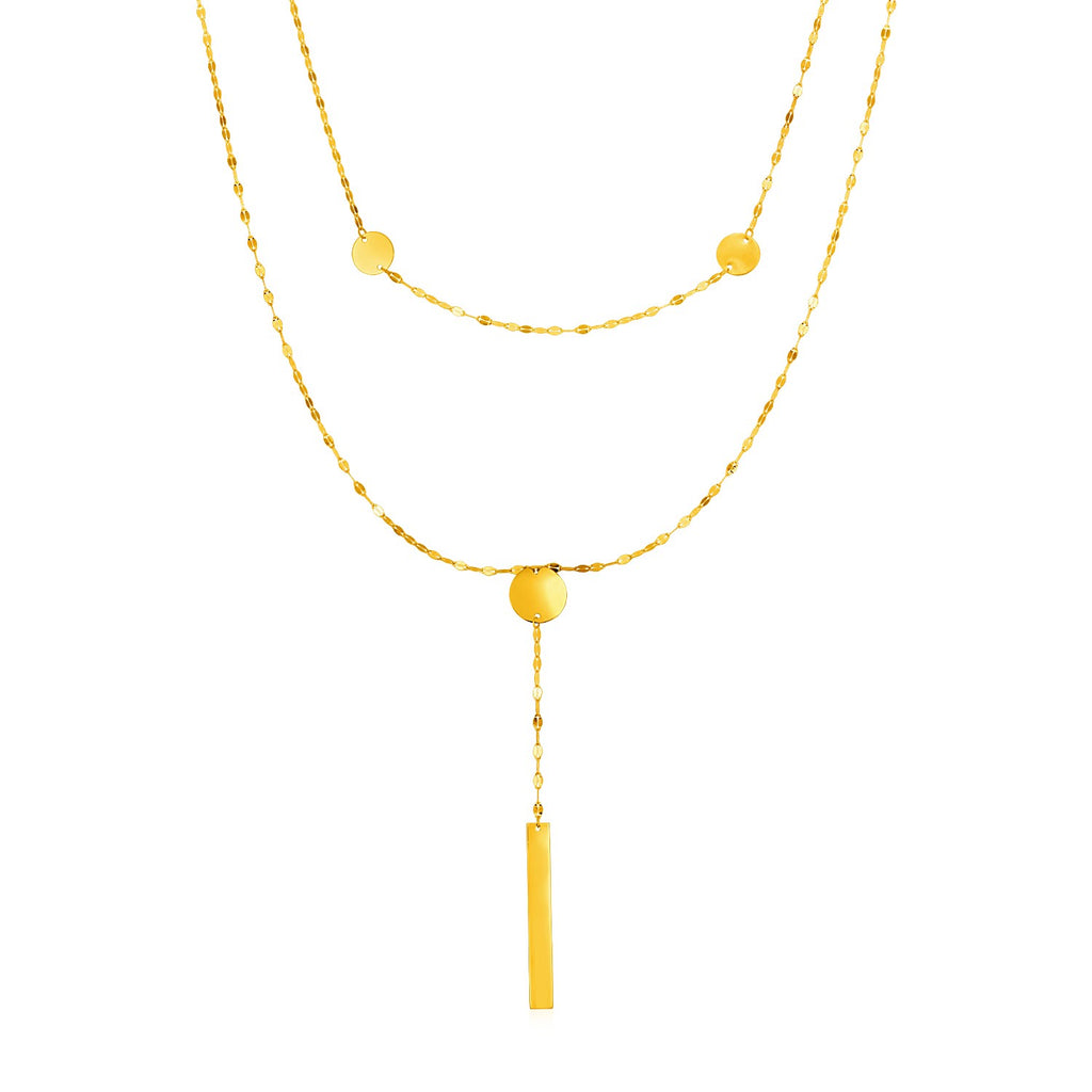 Yellow Gold 14k Women's Two Strand Necklace with Polished Circles and Bar Drop