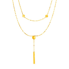 Yellow Gold 14k Women's Two Strand Necklace with Polished Circles and Bar Drop