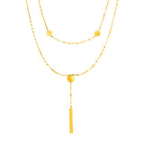 Yellow Gold 14k Women's Two Strand Necklace with Polished Circles and Bar Drop