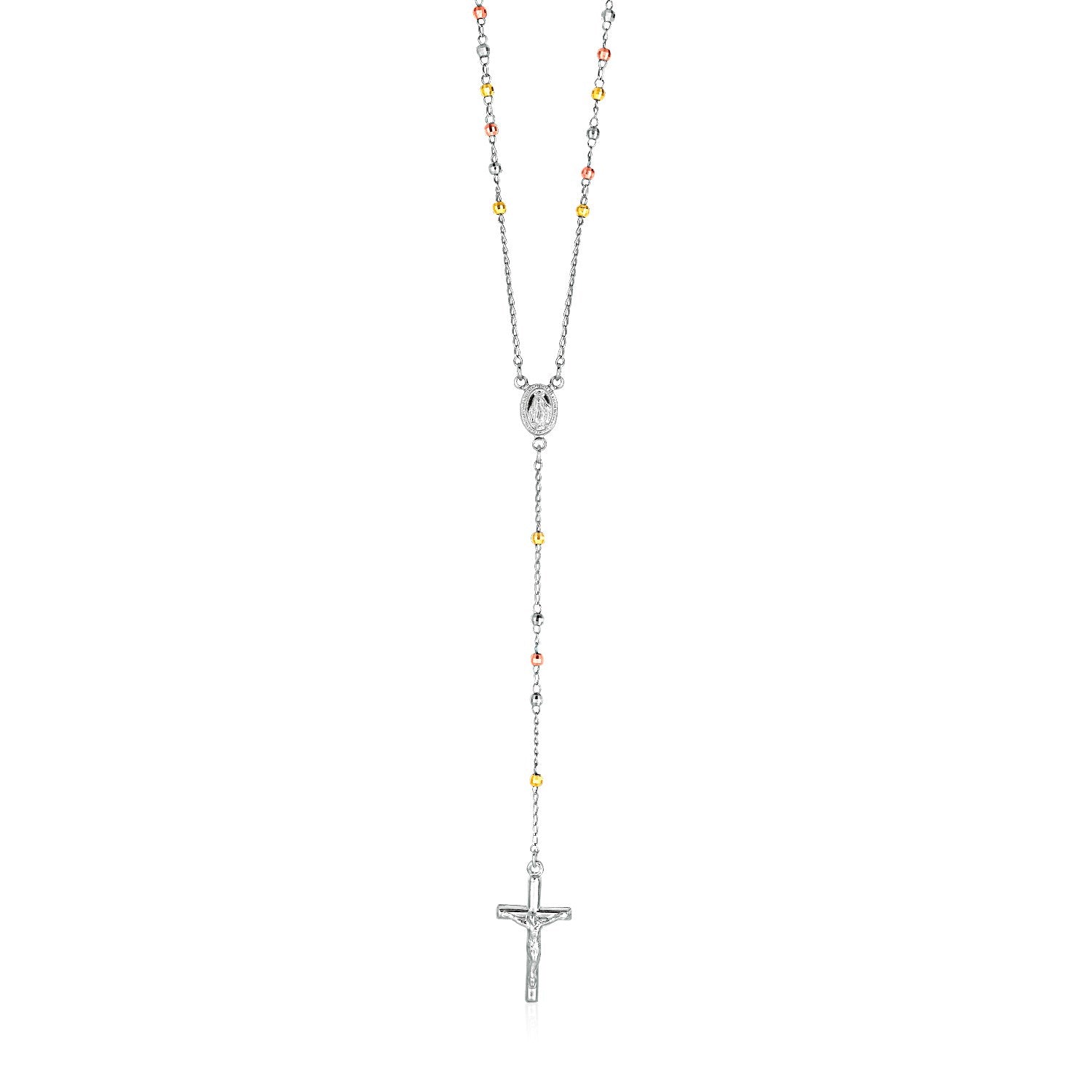 Sterling Silver Three Toned Rosary Chain and Bead Women's Religious Motif Necklace