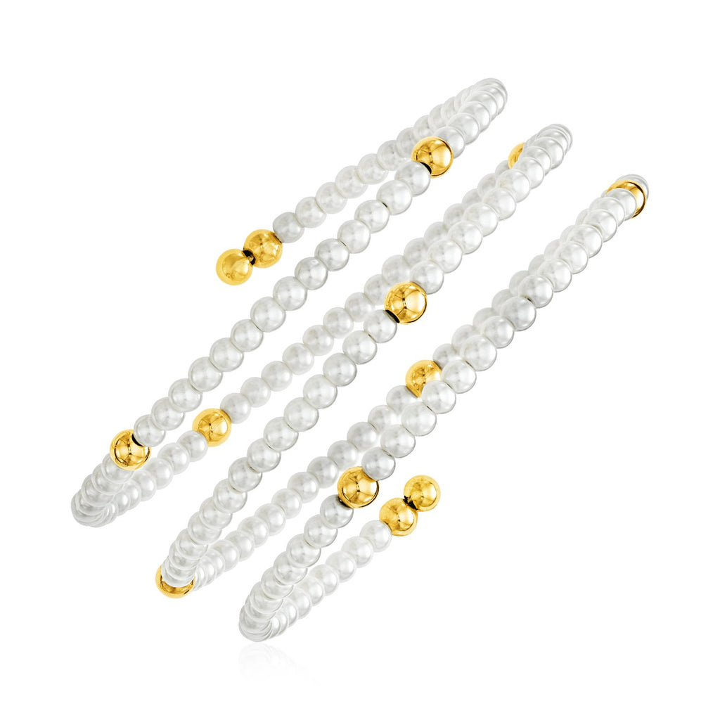Yellow Gold 14k Wrap Around Bangle with Polished Beads and Glass Pearls