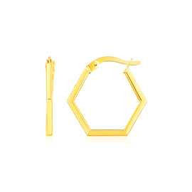 Yellow Gold 14k Hexagon Shaped Hoop Earrings in Hinged Snap Back