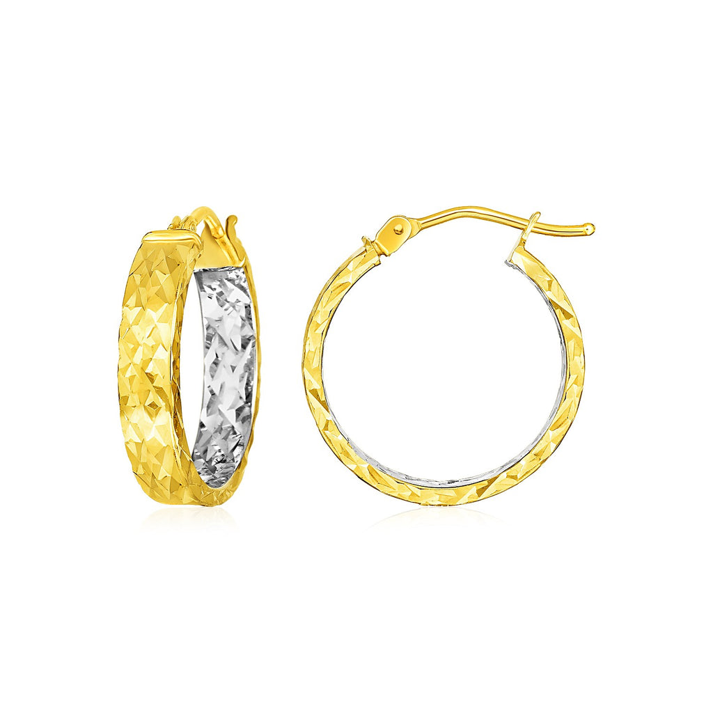 Yellow Gold 14k Wide Hoop Earrings with Diamond Cut Texture & Hinged Snap Back
