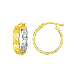 Yellow Gold 14k Wide Hoop Earrings with Diamond Cut Texture & Hinged Snap Back