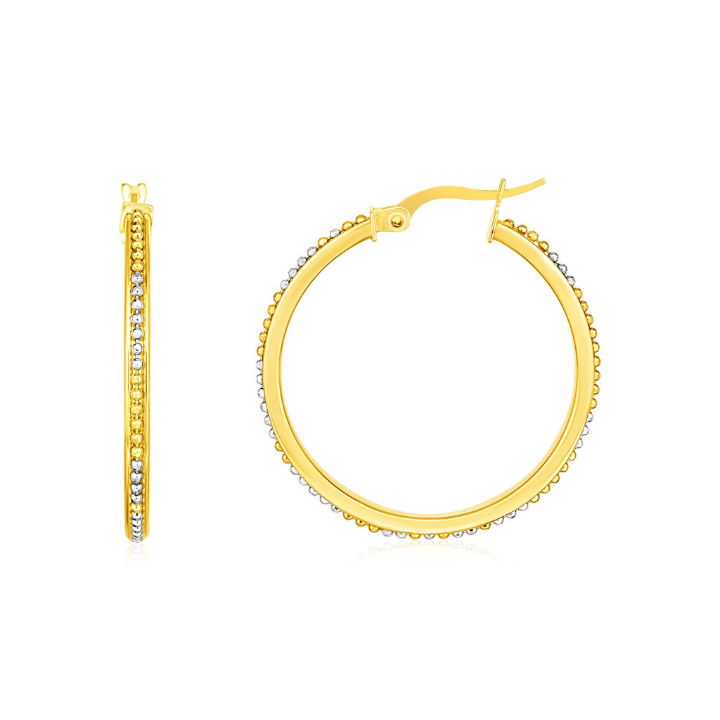 Two Tone Gold 14k Round Hoop Earrings with Bead Texture & Hinged Snap Back