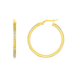 Two Tone Gold 14k Round Hoop Earrings with Bead Texture & Hinged Snap Back