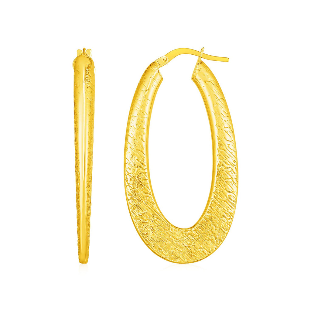 Yellow Gold 14k Textured Rounded Oval Hoop Earrings in Hinged Snap Back