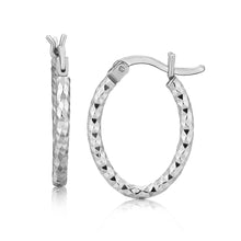 Load image into Gallery viewer, Sterling Silver Rhodium Plated Small Oval Hoop Diamond Cut Textured Earrings