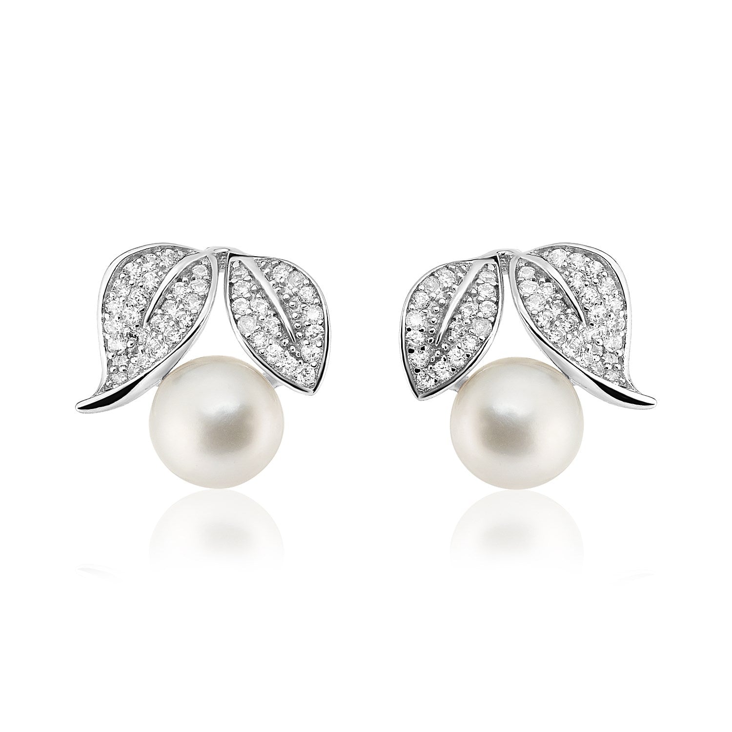 Sterling Silver Fancy Earrings with Leaves and Freshwater Pearls