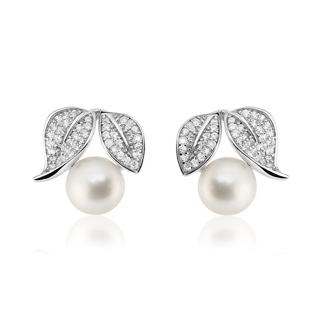 Sterling Silver Fancy Earrings with Leaves and Freshwater Pearls