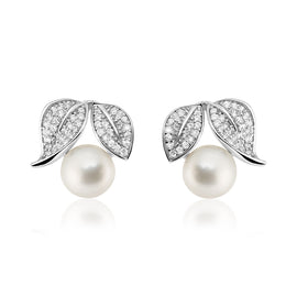 Sterling Silver Fancy Earrings with Leaves and Freshwater Pearls