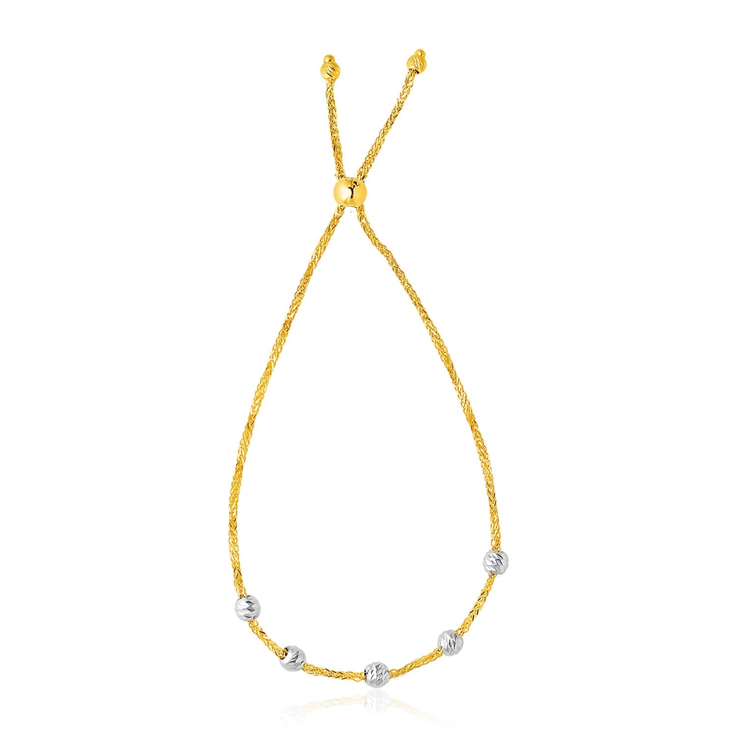 Two-Tone Gold 14k Textured Round Bead Women's Lariat Chain Bracelet