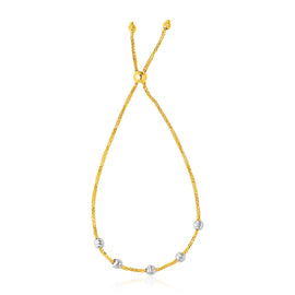 Two-Tone Gold 14k Textured Round Bead Women's Lariat Chain Bracelet