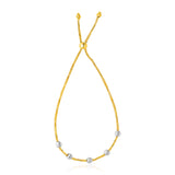 Two-Tone Gold 14k Textured Round Bead Women's Lariat Chain Bracelet