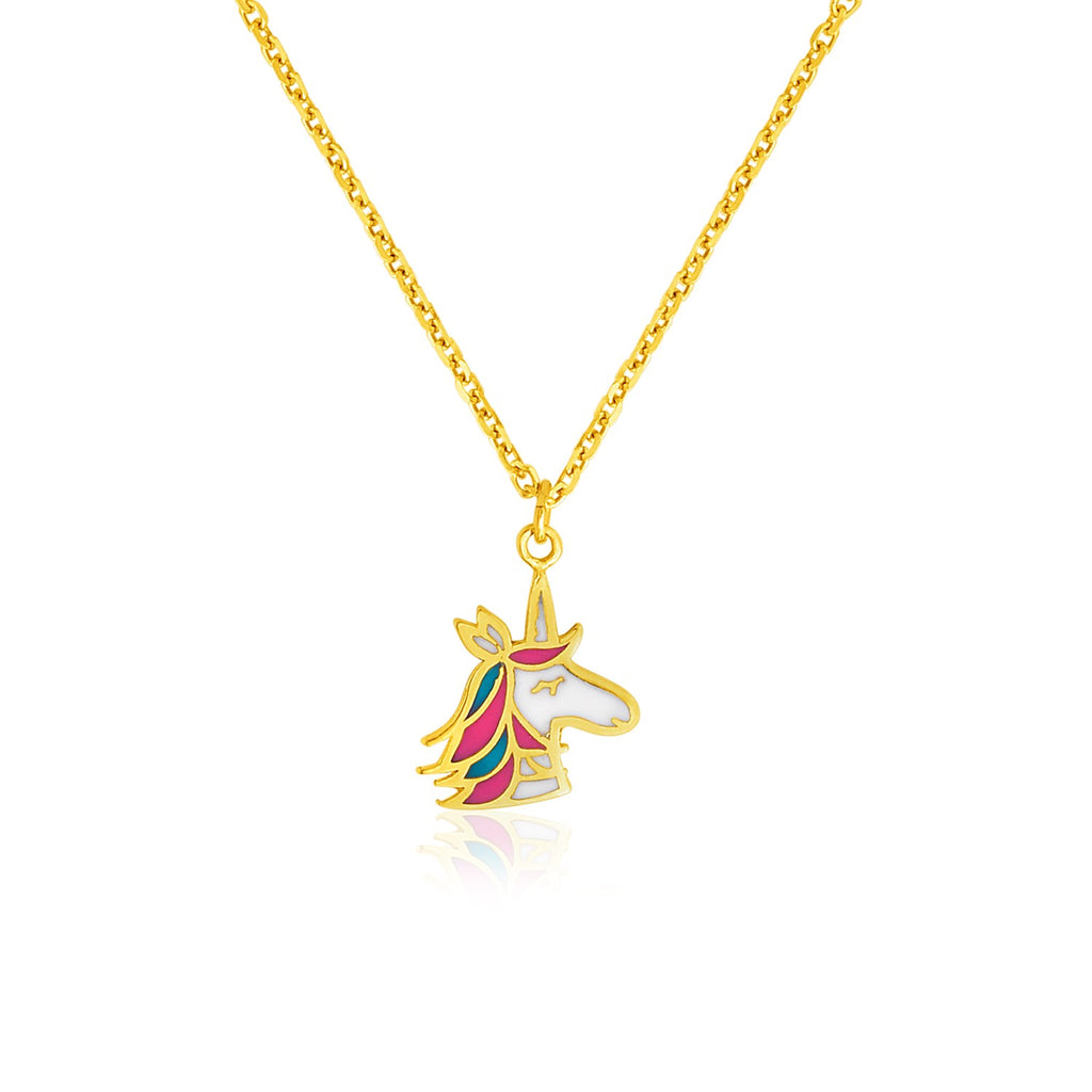Yellow Gold 14k Fancy Childrens Necklace with Enameled Unicorn Pendant