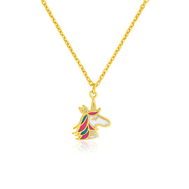 Yellow Gold 14k Fancy Childrens Necklace with Enameled Unicorn Pendant