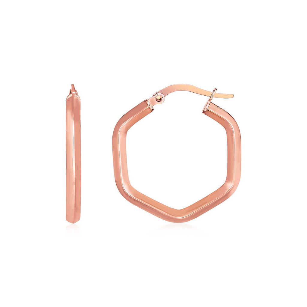 Rose Gold 14k Shiny Hexagon Hoop Earrings in Hinged Snap Back