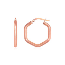 Load image into Gallery viewer, Rose Gold 14k Shiny Hexagon Hoop Earrings in Hinged Snap Back