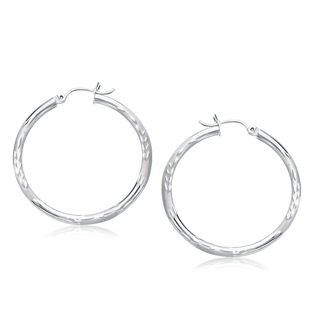 White Gold 14k 35mm Diameter Fancy Diamond Cut Hoop Earrings with Snap Lock
