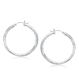 White Gold 14k 35mm Diameter Fancy Diamond Cut Hoop Earrings with Snap Lock