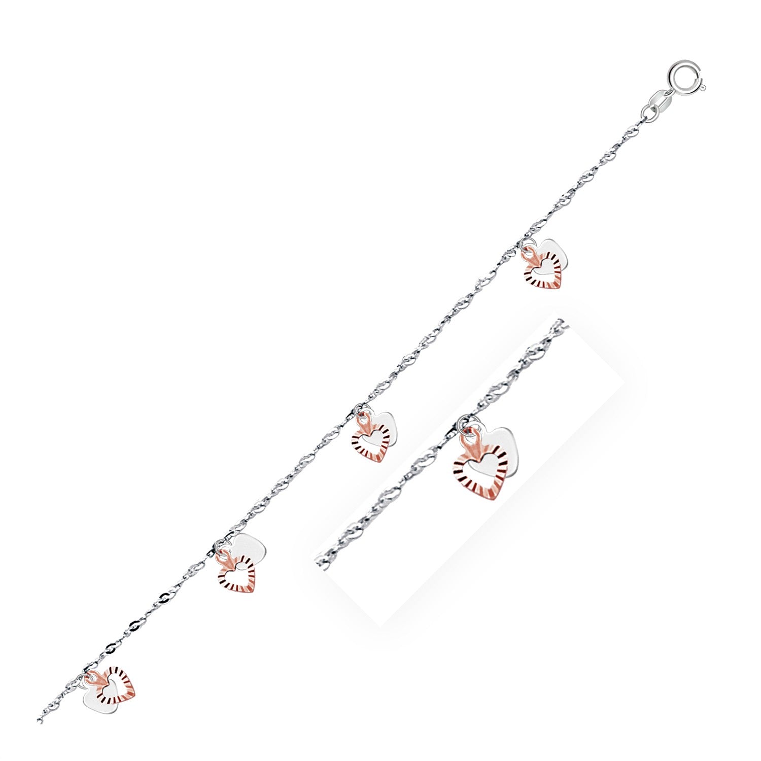 White and Rose Gold 14k Anklet with Dual Heart Charms