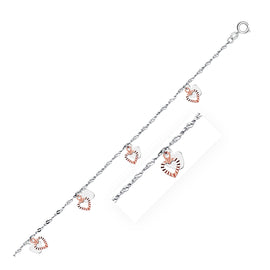 White and Rose Gold 14k Anklet with Dual Heart Charms