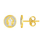 Two Tone Gold 14k Round Religious Medal Post Earrings with Pushback Clasps