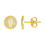 Two Tone Gold 14k Round Religious Medal Post Earrings with Pushback Clasps
