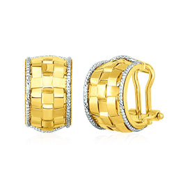 Yellow and White Gold 14k Wide Hoop Earrings with Basket Weave Texture & Hinged Snap Back