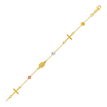 Load image into Gallery viewer, 14k Tri Color Gold Bracelet with Crosses Cubes and Medallions