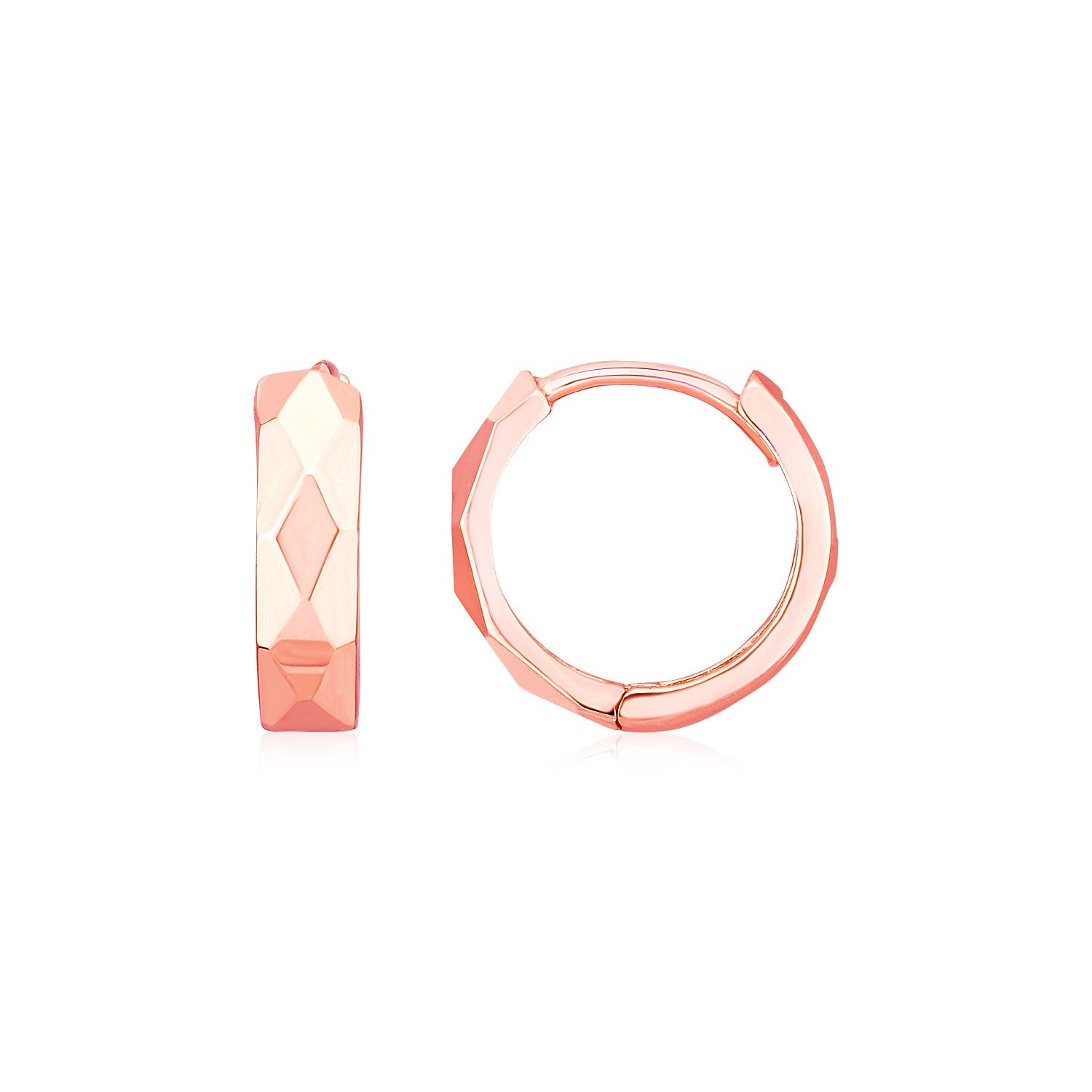 Rose Gold 14k Diamond Motif Faceted Huggie Hoop Earrings in Hinged Snap Back
