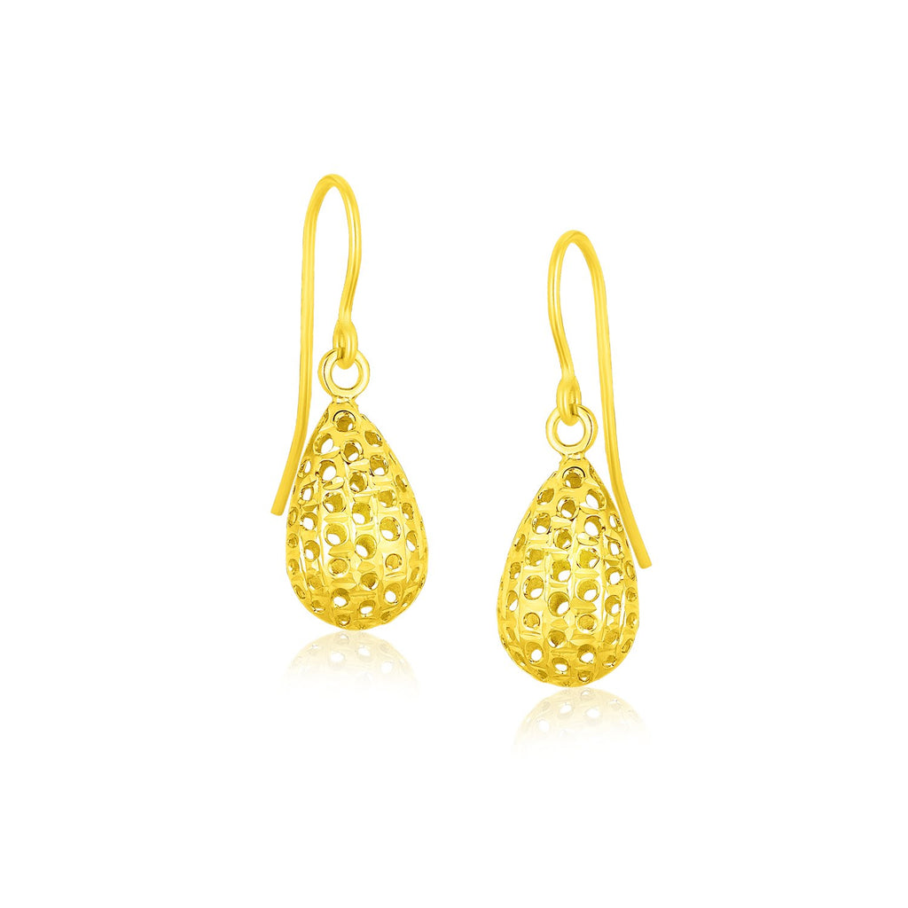 Yellow Gold 14k Teardrop Drop Earrings with Honeycomb Texture