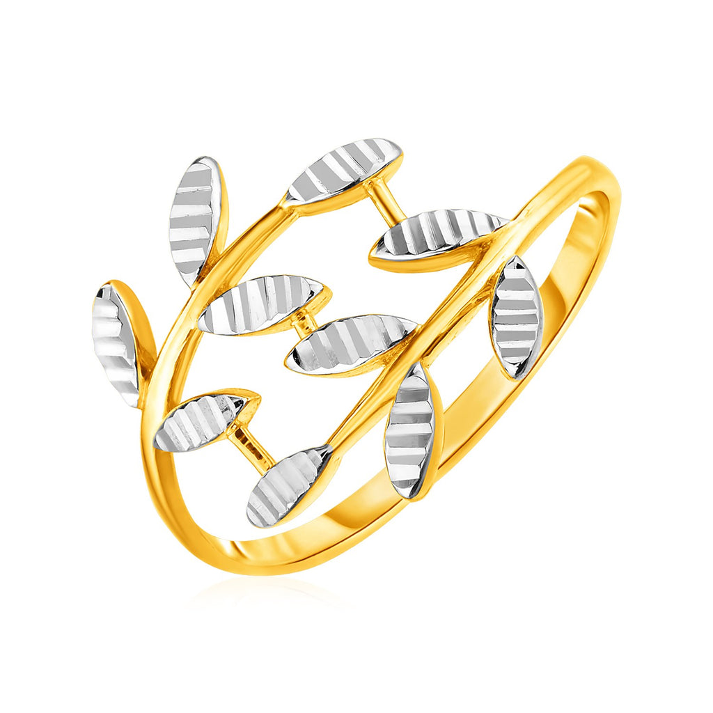 Two Tone Gold 14k Crossover Fancy Ring with Textured Leaves