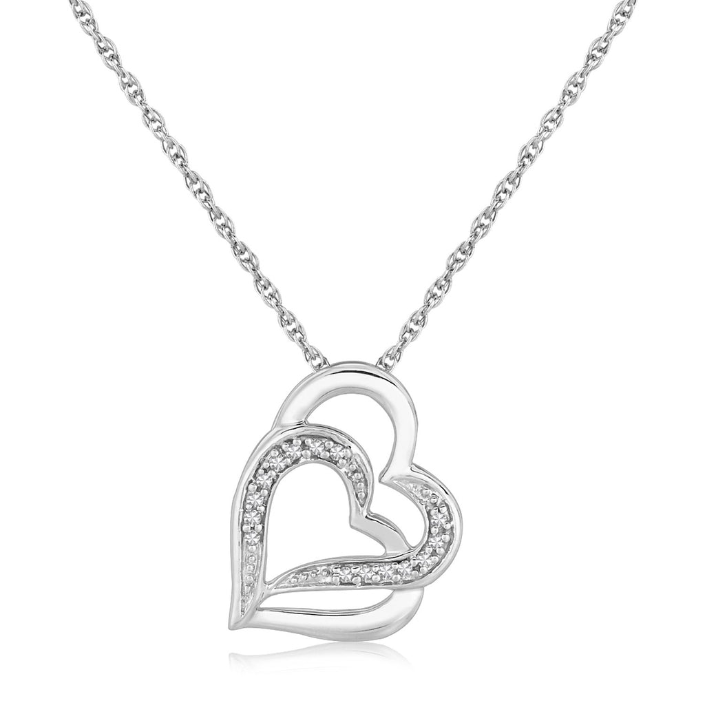 Sterling Silver Dual Heart Motif Pendant with Diamonds & Lobster Clasp