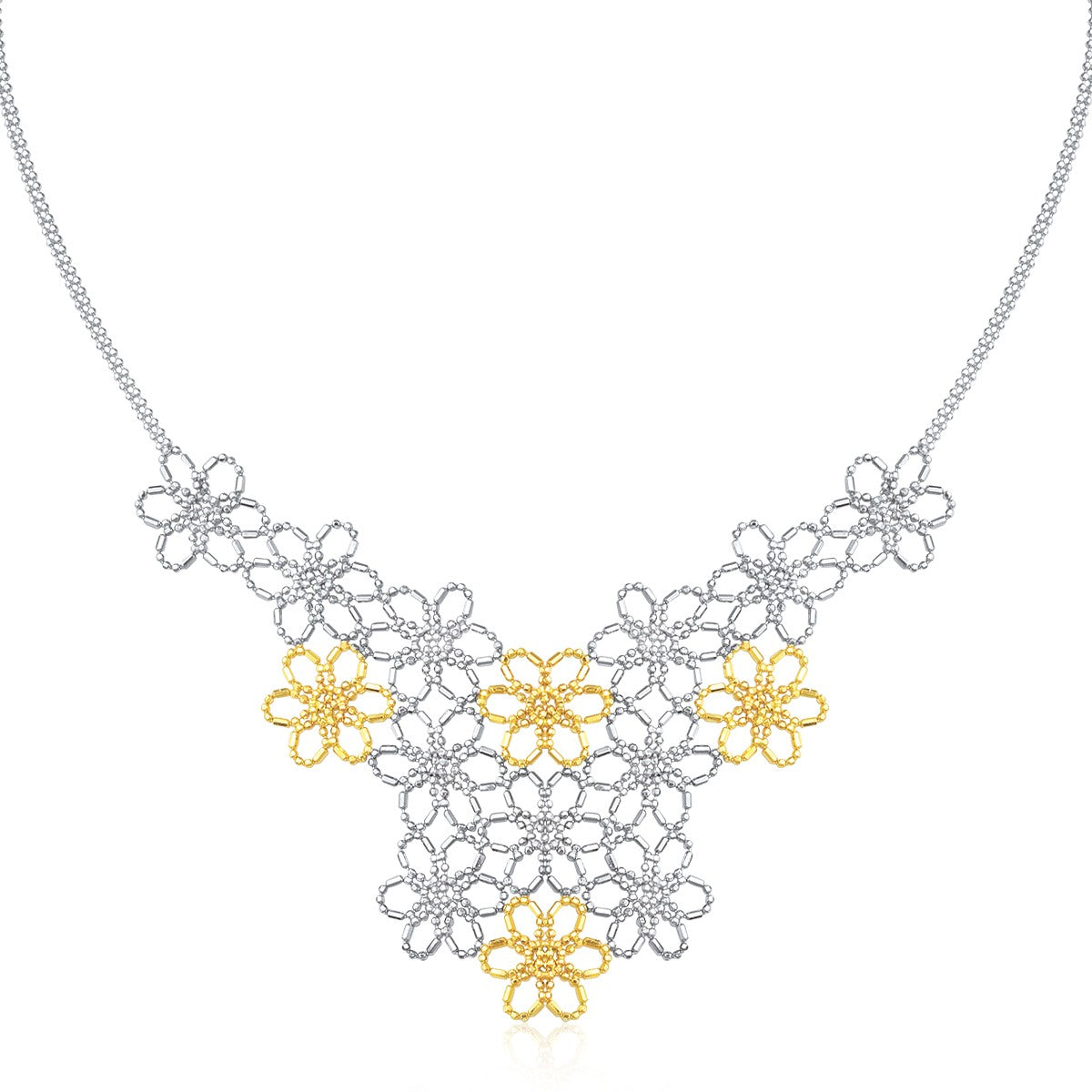 Yellow Gold 14k & Sterling Silver Flower Cluster Bead Women's Fancy Necklace