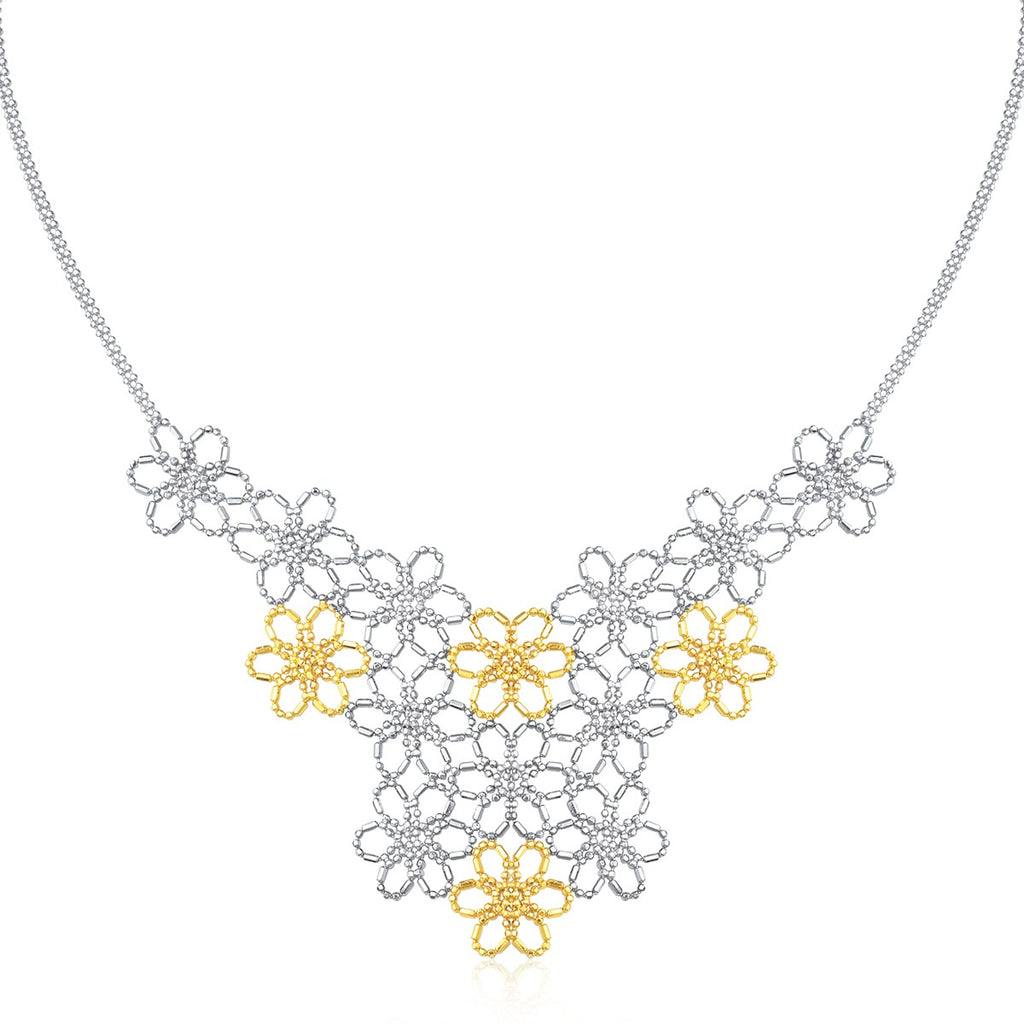Yellow Gold 14k & Sterling Silver Flower Cluster Bead Women's Fancy Necklace