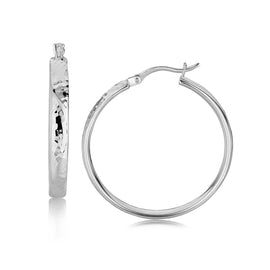 Sterling Silver 30mm Hammered Style Hoop Earrings with Rhodium Plating with Snap Lock